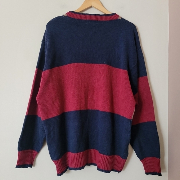 Vintage 90s Colorblock Patchwork Sweater Grandpa Men's XL - Red, Blue, and Tan - Picture 2 of 8